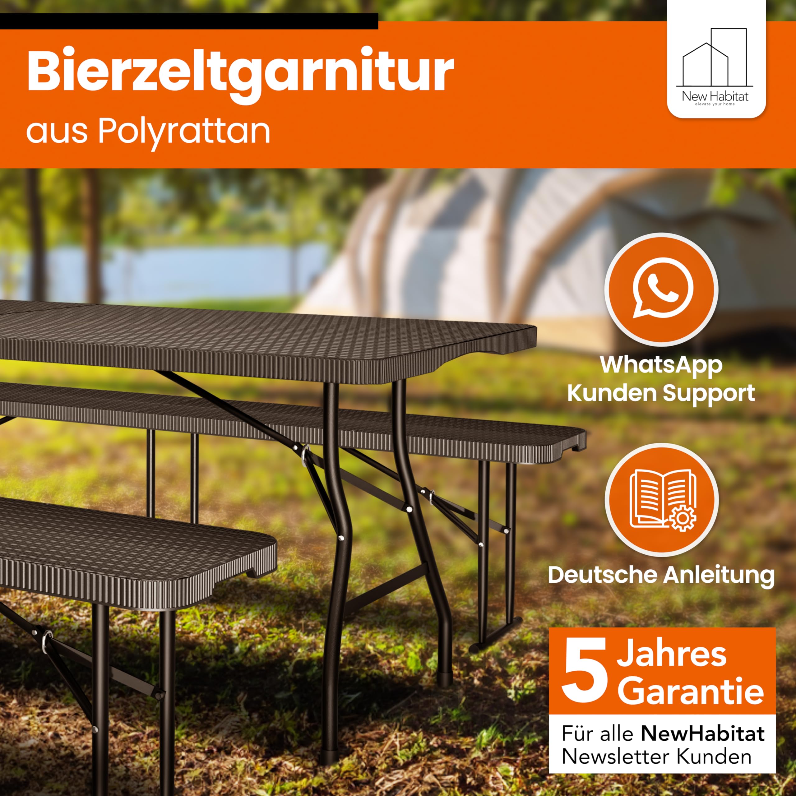 NewHabitat Kunststoff Bierzeltgarnitur Klappbar I 3er Set, Tisch + 2 x Bank mit Tragegriffe, Biertischgarnitur, Festzeltgarnitur, Bierbank klappbar, HxBxT: 75x180x75 cm (Schwarz) 6