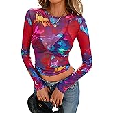 PRETTYGARDEN Women's Mesh Long Sleeve Spring Top 2026 Trendy Summer See Through Sheer Blouse Fitted Going Out Layering Shirts