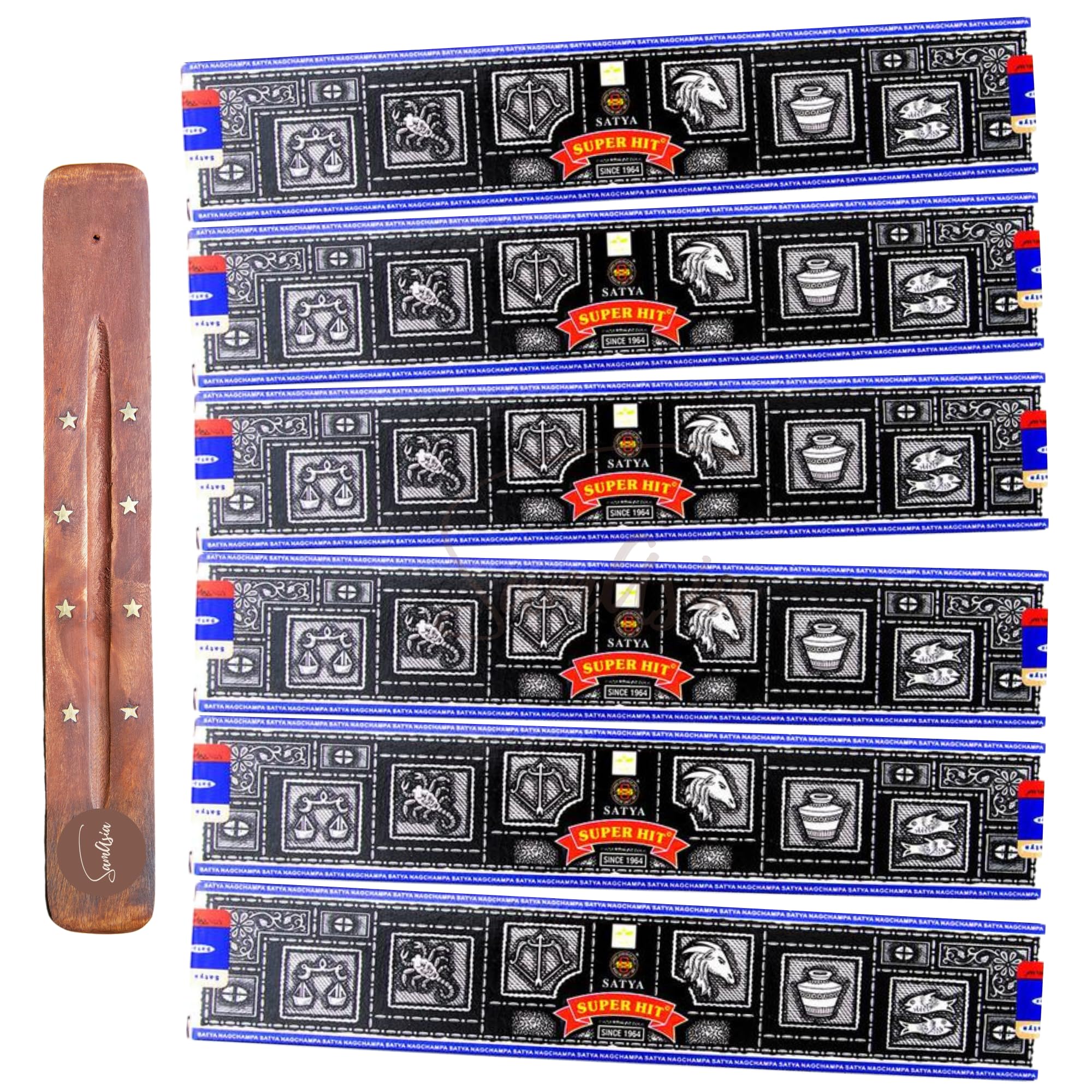 Satya Nag Champa Super Hit Incense Sticks | x6 pack | with SAMASIA incense sticks holder | Used for Aromatherapy, Spa, Yoga, Weddings, Meditation, Healing, Positivity and Relaxation