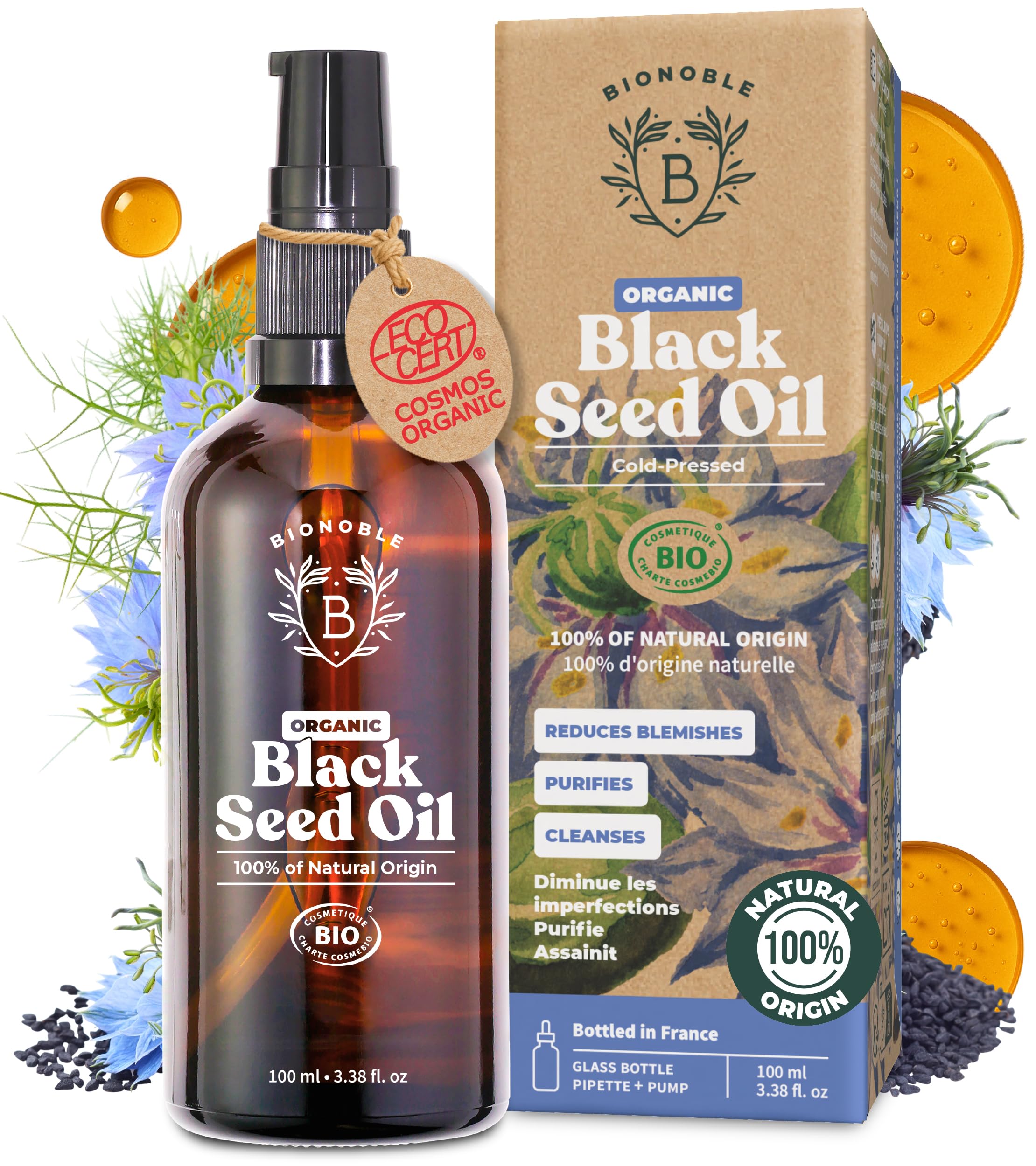 BIONOBLE Black Seed Oil Organic Cold Pressed - 100% Natural, Hexane-Free - Anti-Acne, Purifying - Organic Black Seed Oil for Face, Hair - Pure Cumin Cold Pressed - Glass Bottle, Pipette, Pump - 100ml