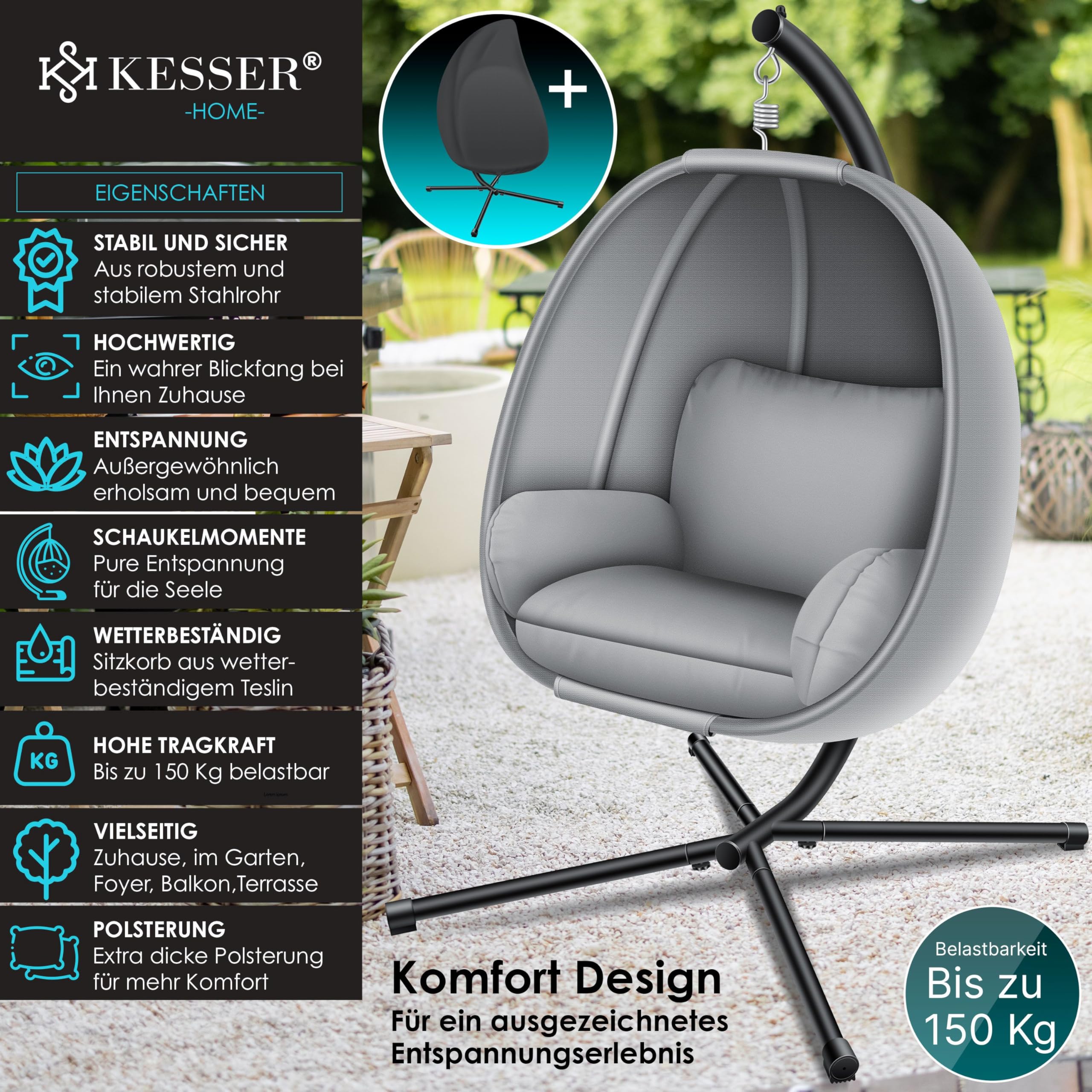 KESSER® Luxe Hängesessel mit Gestell + weiches Sitzkissen und Abdeckung, Seitenpolsterung, Rückenkissen Hängekorb Indoor & Outdoor, Garten Schaukel Hängestuhl Stabiler Standfuß, max. 150 kg Grau 2