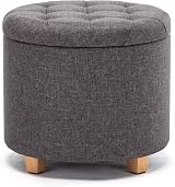 HNNHOME 45cm Round Linen Padded Storage Ottoman Charcoal