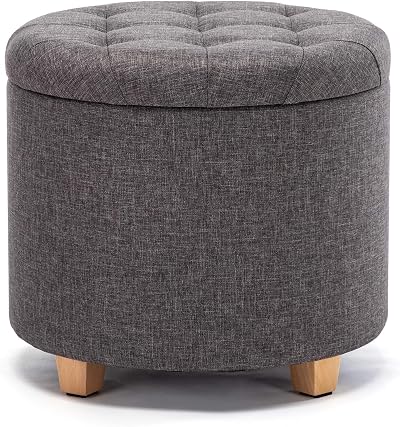 HNNHOME 45cm Round Linen Padded Storage Ottoman Charcoal