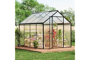 GARVEELIFE 6x8 FT Greenhouse for Outdoors, Polycarbonate Greenhouse with Roof Vent, Ground Nails, Lockable Push Door, Aluminum Large Walk-in Green House for Outside Garden Backyard, Patio, Lawn, Black