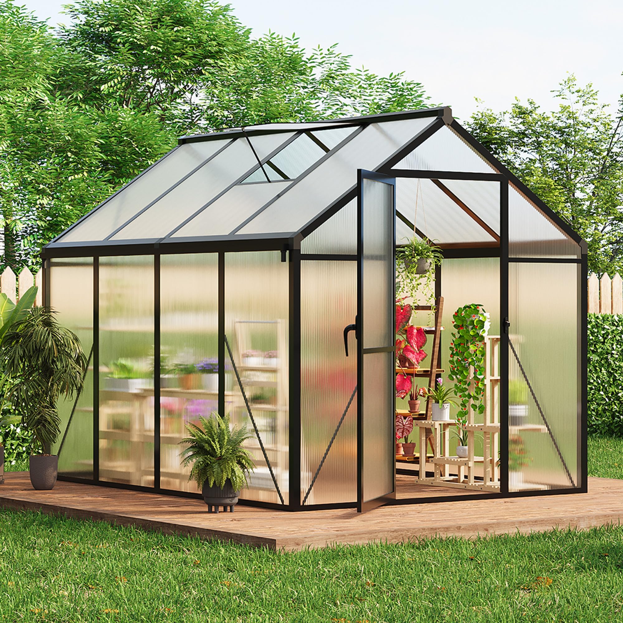 Photo 1 of *Missing hardware* *Boxes 1 and 2* 6x8 FT Greenhouse for Outdoors, Polycarbonate Greenhouse with Roof Vent, Ground Nails, Lockable Push Door, Aluminum Large Walk-in Green House for Outside Garden Backyard, Patio, Lawn, Black