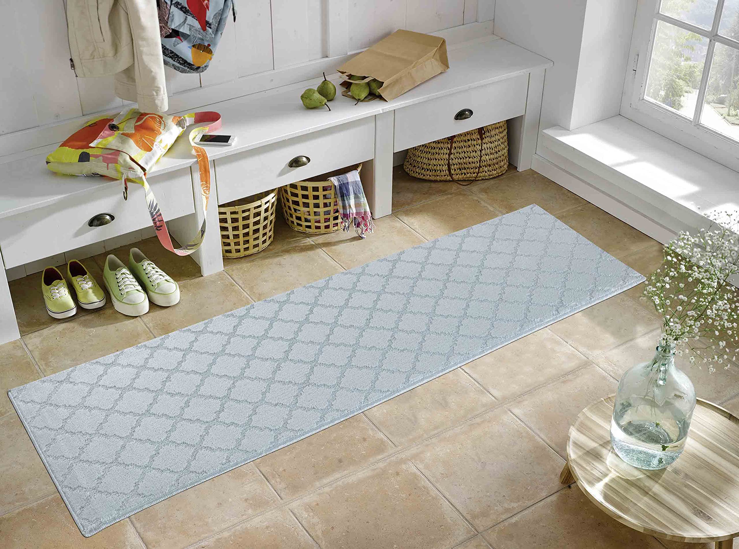 IVY Washable Door Mat Kitchen Mats Non Slip Trellis Design Kitchen & Hall Runners Doormats, Silver, 80x300 cm