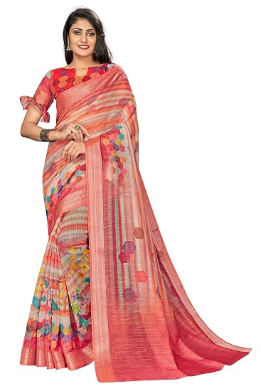 Womens Banarasi Linen Saree With Blouse Piece (Digital_Print_Saree118_Multicolored)
