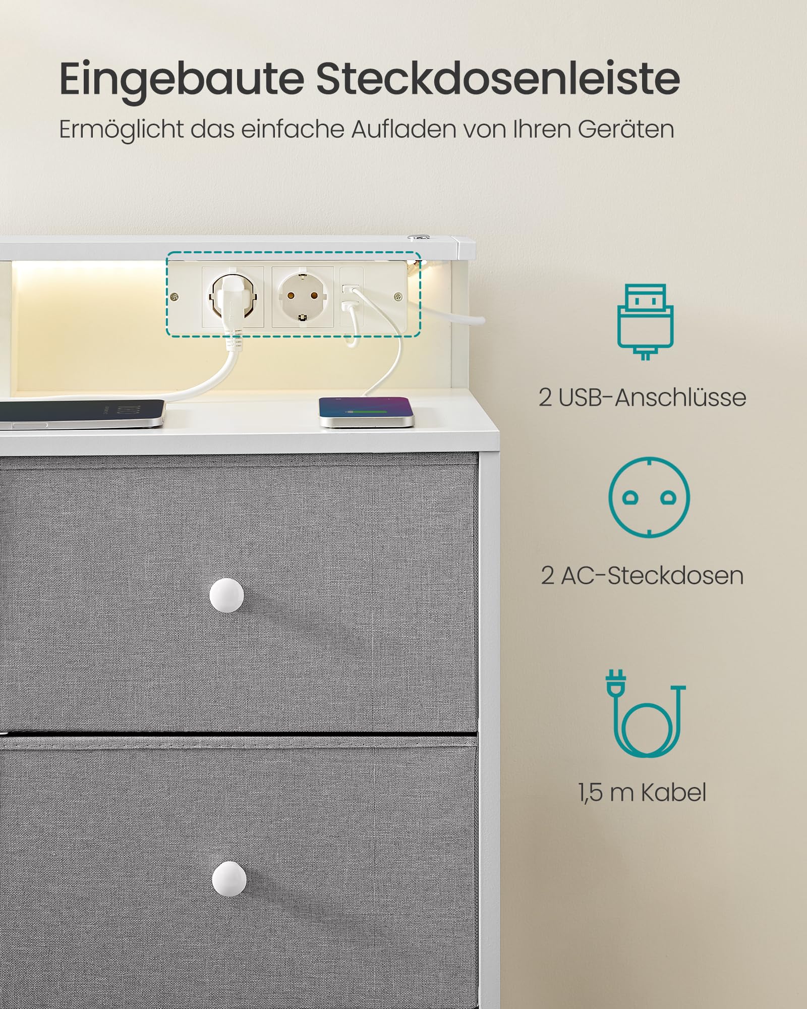 SONGMICS Kommode, Aufbewahrungsschrank mit 9 Schubladen und LED-Beleuchtung, Steckdosenleiste, Stahlrahmen, 33,5 x 114 x 84 cm, für Schlafzimmer, Wohnzimmer, Taubengrau LTS519G01 6