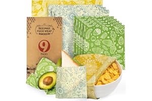 Akeeko Reusable Beeswax Food Wraps - Assorted 9 Packs, Reusable, Plastic-Free Food Storage, 5 Small, 3 Medium, 1 Large Wraps with Plants Pattern