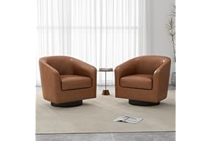 UIXE PU Leather Swivel Barrel Club Chairs Set of 2, Modern Arm Accent Chair Mid-Century Upholstered Round Armchair Single Sofa Seating Side Reading Seat for Living Room, Office, Bedroom (Brown)