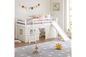 Spirich Kids Loft Bed with Slide and Ladder, Solid Wood Twin Loft Bed Frames with Curtains, Low Loft Bed with Bed Tent, No Box Spring Needed, White