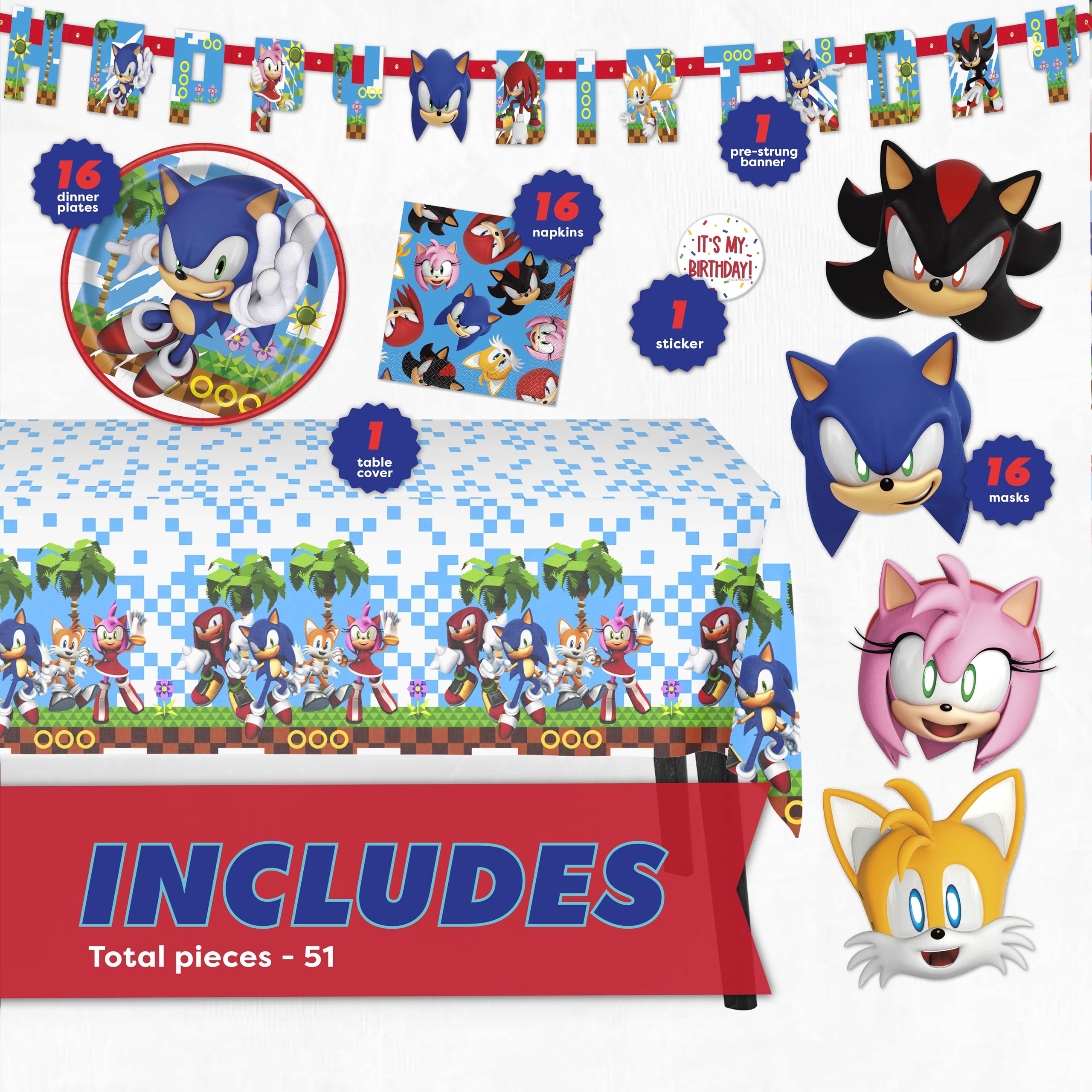 Sonic Birthday Party Decorations for 16 | Banner, Tablecloth, Plates and Napkins, Masks, Sticker | Sonic Party Decorations | Officially Licensed