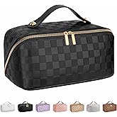 Large Capacity Travel Cosmetic Bag - Portable Makeup Bags for Women Waterproof PU Leather Checkered Makeup Organizer Bag with Dividers and Handle,Toiletry Bag for Cosmetics