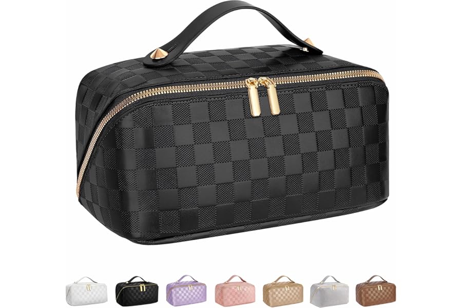 Large Capacity Travel Cosmetic Bag – Portable Makeup Bags for Women Waterproof PU Leather Checkered Makeup Organizer Bag with Dividers and Handle,Toiletry Bag for Cosmetics