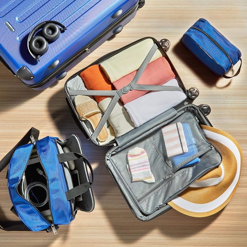 Hartschalenkoffer-Set, 4-teiliges, Großer Koffer, Handgepäckkoffer, Tragetasche, Kompakte Reisetasche, Erweiterbar, 4 Spinner-Räder, Marineblau