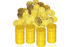 LVYOUIF 100 PCS Pirate Gold Coins Plastic Play Treasure Coins Pirate Treasure Plastic Play Gold Prop Board Games Tokens Kids Fake Coins for Play Favor Party Supplies Round Dollars