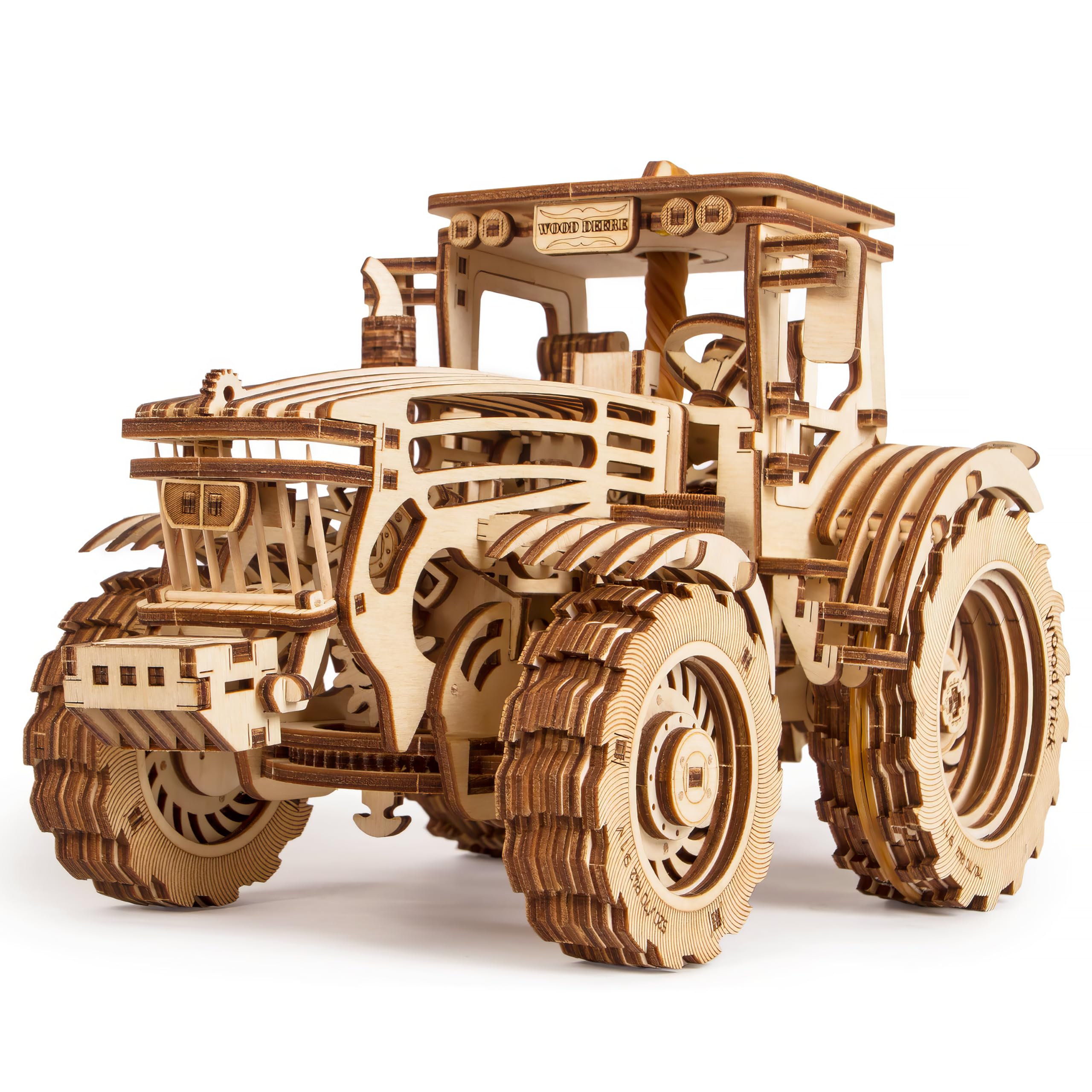 Wood Trick Wooden Mechanical Tractor Model Kit to Build for Adults and Kids - 11x7″ - Detailed and Sturdy - Rubber Band Motor - 2 Speeds - 3D Wooden Puzzle