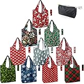 BeeGreen Christmas Reusable Grocery Bags 10 Pack Reusable Shopping Bags Bulk Christmas Gifts Tote Bags with Zipper Storage Pouch Elastic Band Foldable-Machine Washable