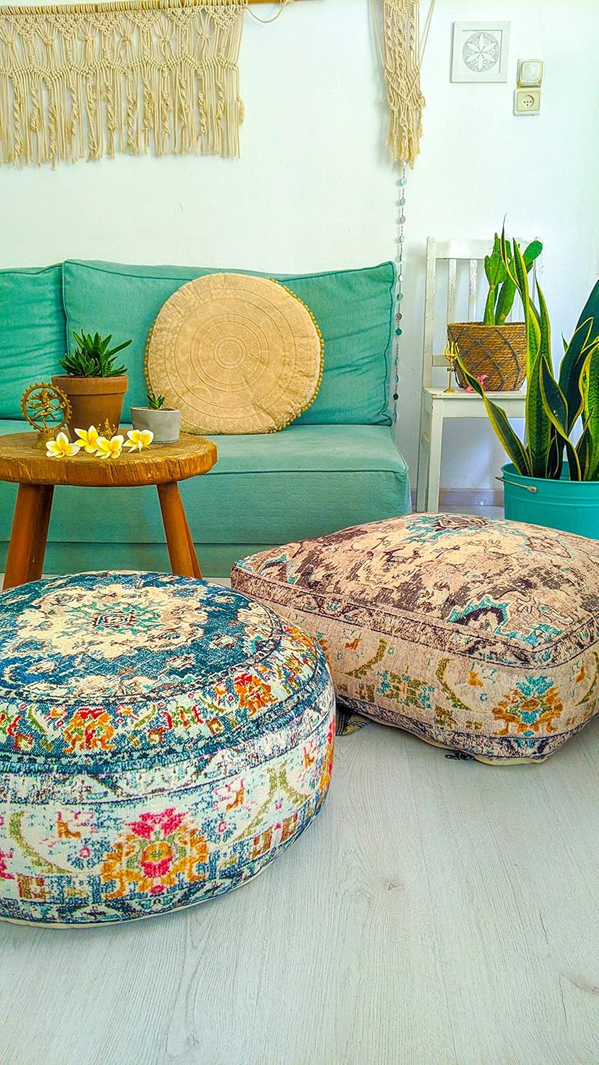Mandala Life ART Bohemian Yoga Decor Floor Cushion Cover - 24x8 inches - Round Meditation Carpet Pillow Case - Printed Cotton Rug Pouf: Furniture & Decor