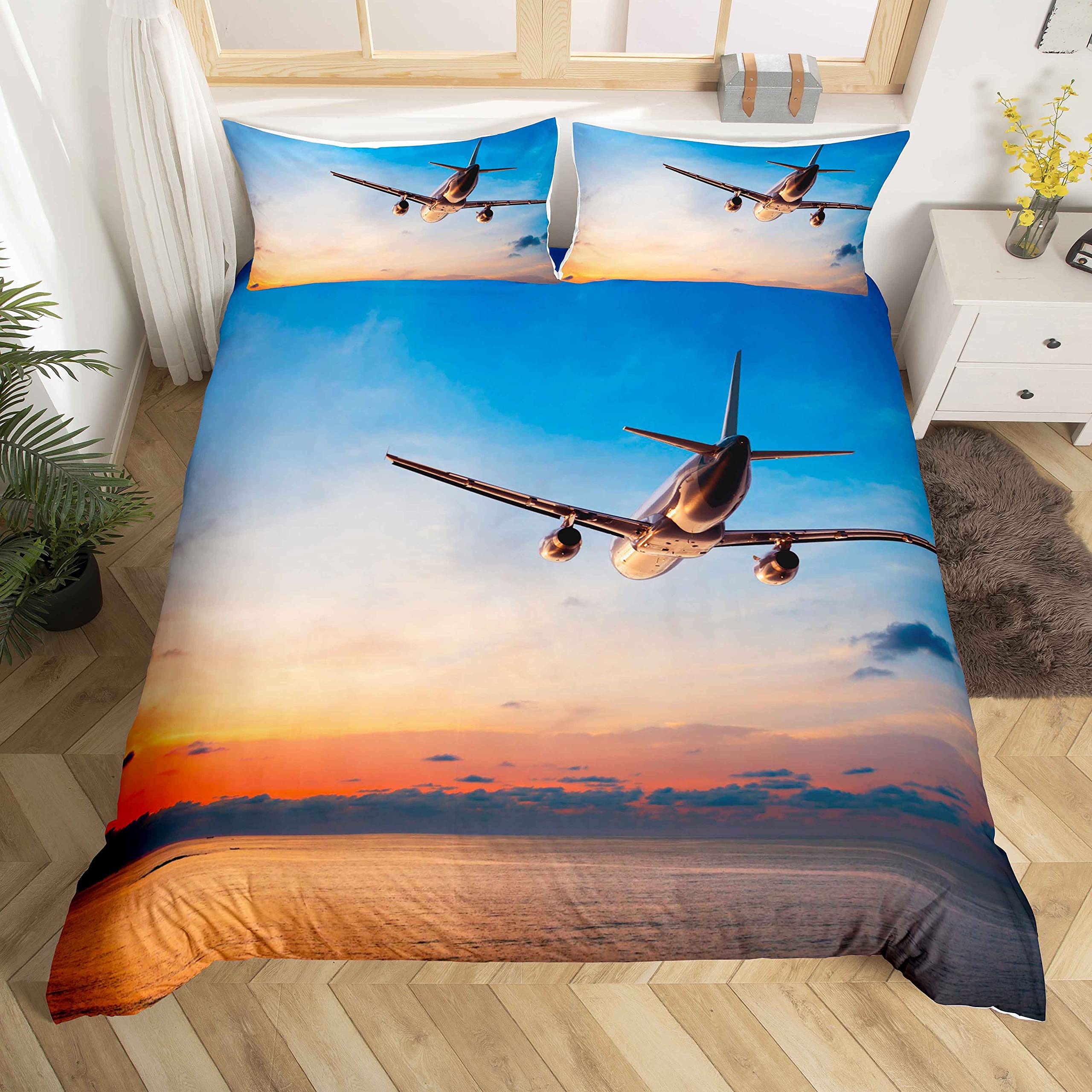 Loussiesd Modern Airplane Duvet Cover Set Aviation Theme Bedding Set King Size Blue 3D Print Soft Microfiber Comforter Cover for Men Luxury Bedspread Cover with 2 Pillow Shams, Zipper, 3 Pieces
