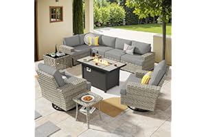 HOOOWOOO Outdoor Sectional Patio Furniture Set with Fire Pit Table,10 Pieces Wicker Conversation Sets L Shaped Couch,Extra Deep Out Door Sofa Outside Furniture with Swivel Chairs,Charcoal Gray