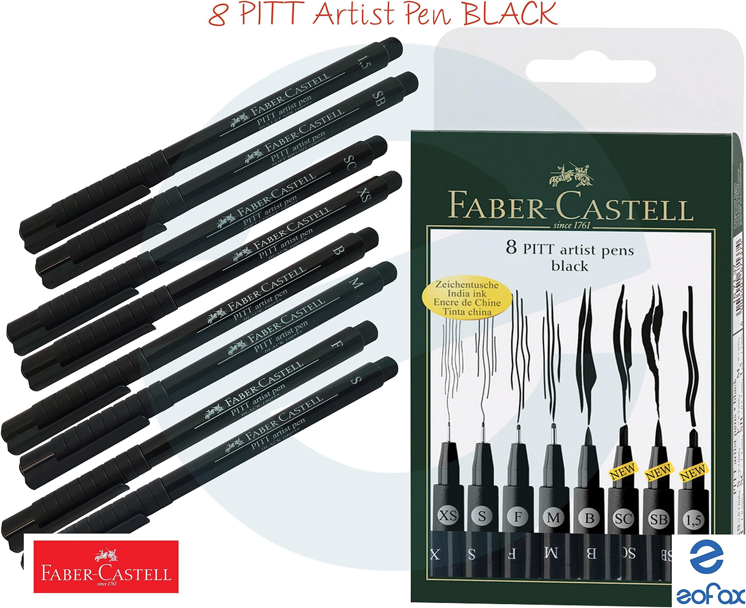 FABER CASTELL – 8 Pitt Artist Pens Wallet BLACK Fineliner XS S F M B SC SB 1.5