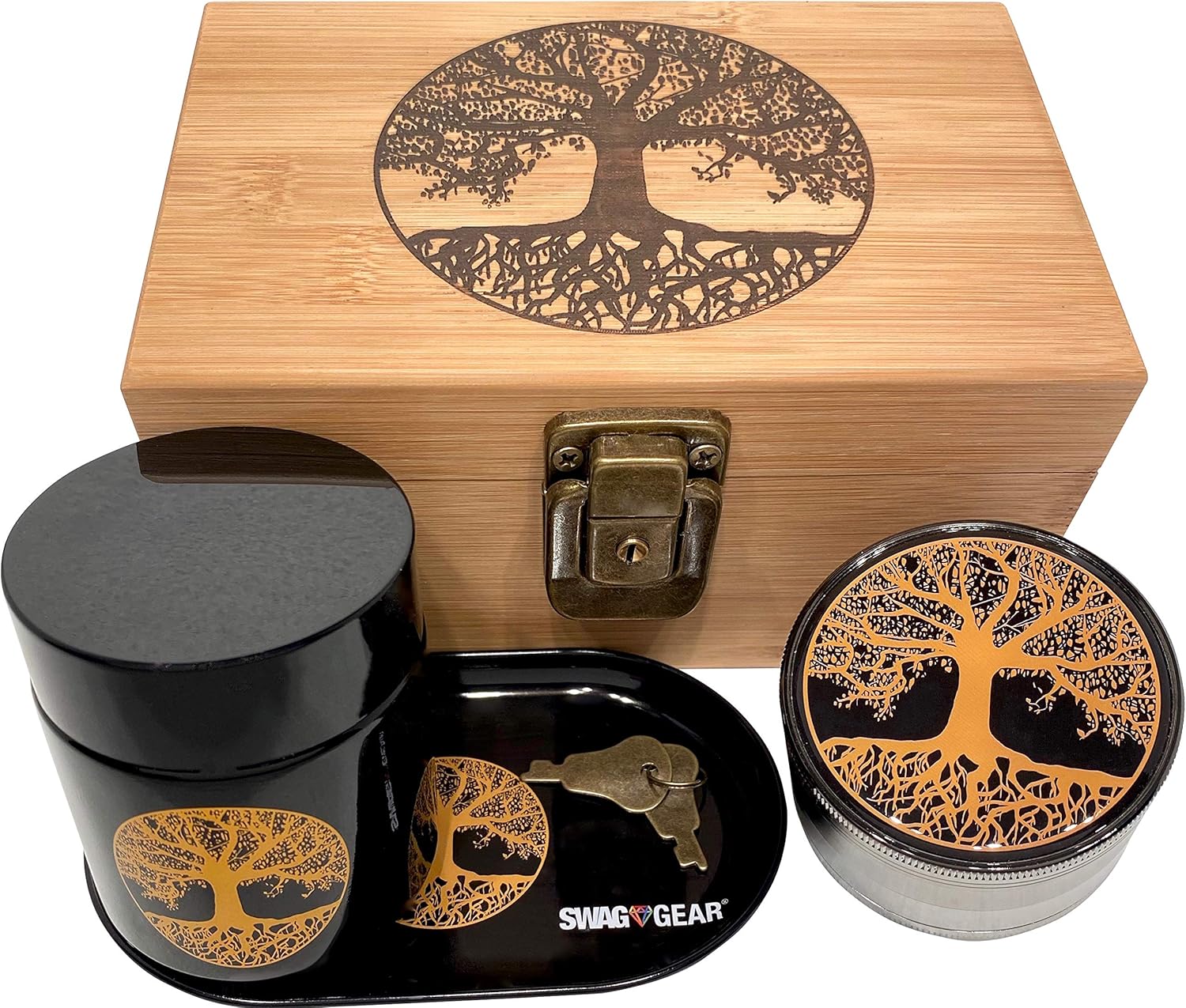 Tree of Life Stash Box Combo - Grinder Stash Jar and Rolling Tray - Stash Box with Lock Locking Stash Box Wood Stash Boxes(Tree Of Life)