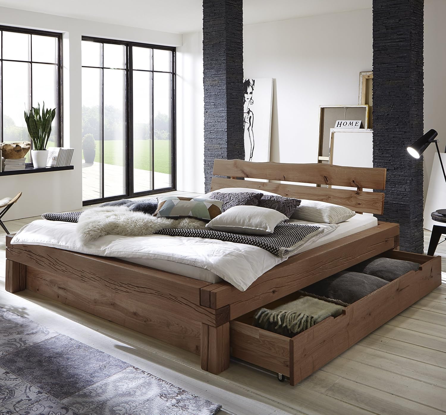 Sam Elias Beam Bed 200 X 200 Cm Oiled Spruce Wood Solid Wooden Bed With Bed Box Headboard With Tree Edge Look Amazon De Kuche Haushalt