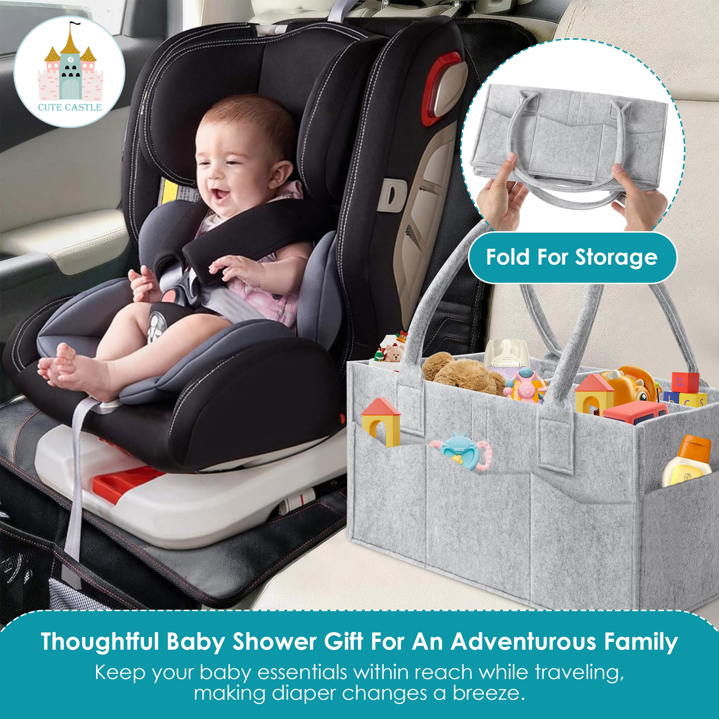 Cute Castle 2 Pack Diaper Caddy Organizer - Portable Baby Caddy Organizer with Handle, Nursery Storage Bin and Car Organizer for Girls, Boys - Baby Gift Basket - Grey