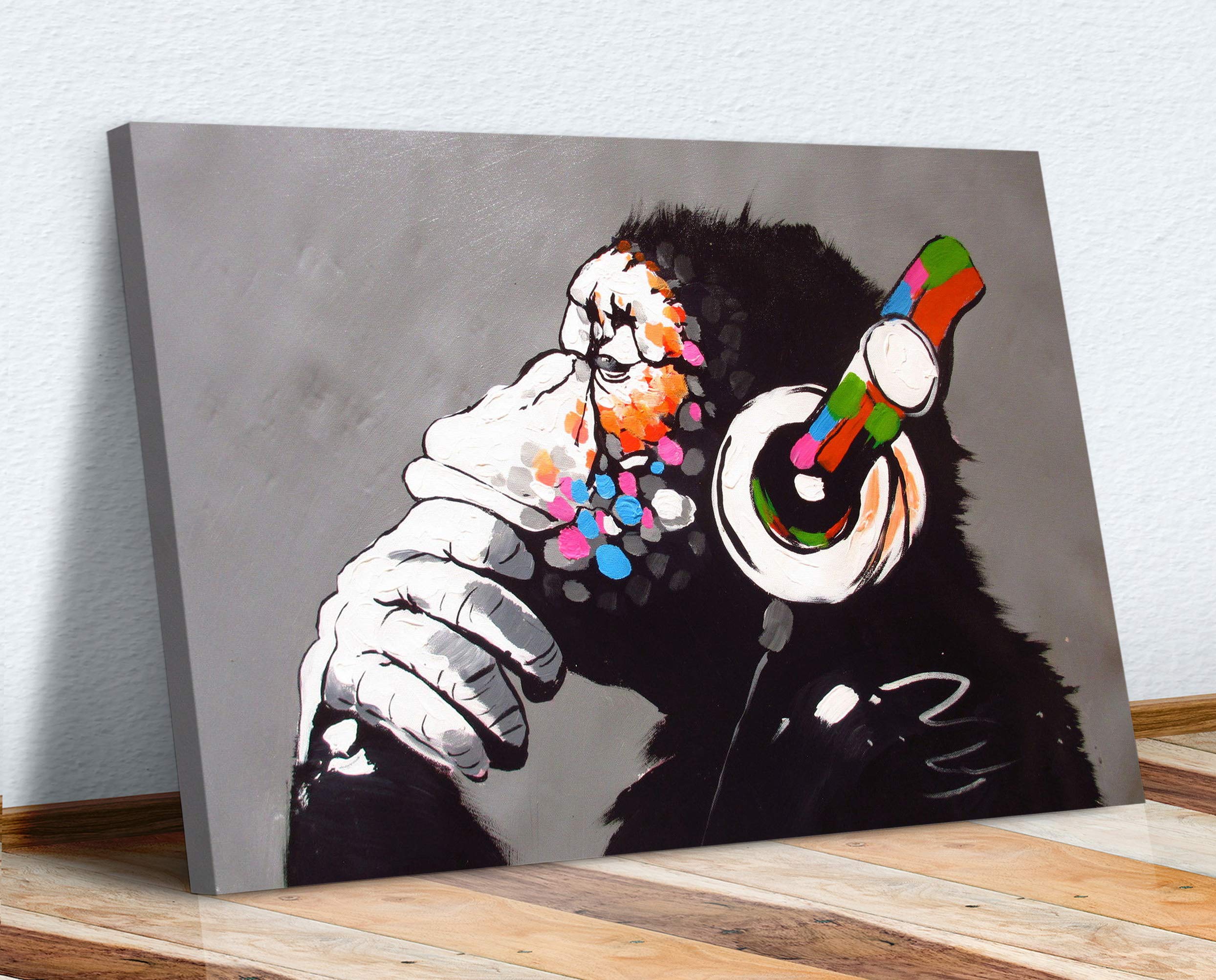 Monkey DJ Thinking Gorilla Banksy Canvas Wall Art Print – Street Art Graffiti Style – 24x16in (60x40cm) – Modern Home Decor