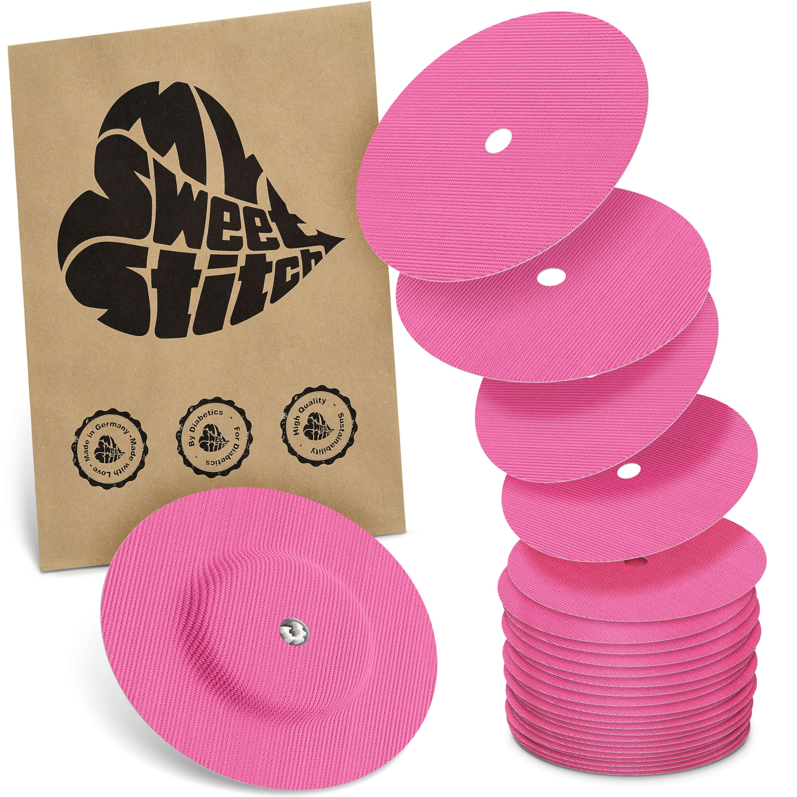 MySweetStitch - 25 x Freestyle Libre 1 & 2 Round Patches with Ventilation Hole, Overpatch Ø 65mm, Waterproof, Breathable, Made in Germany, Pink