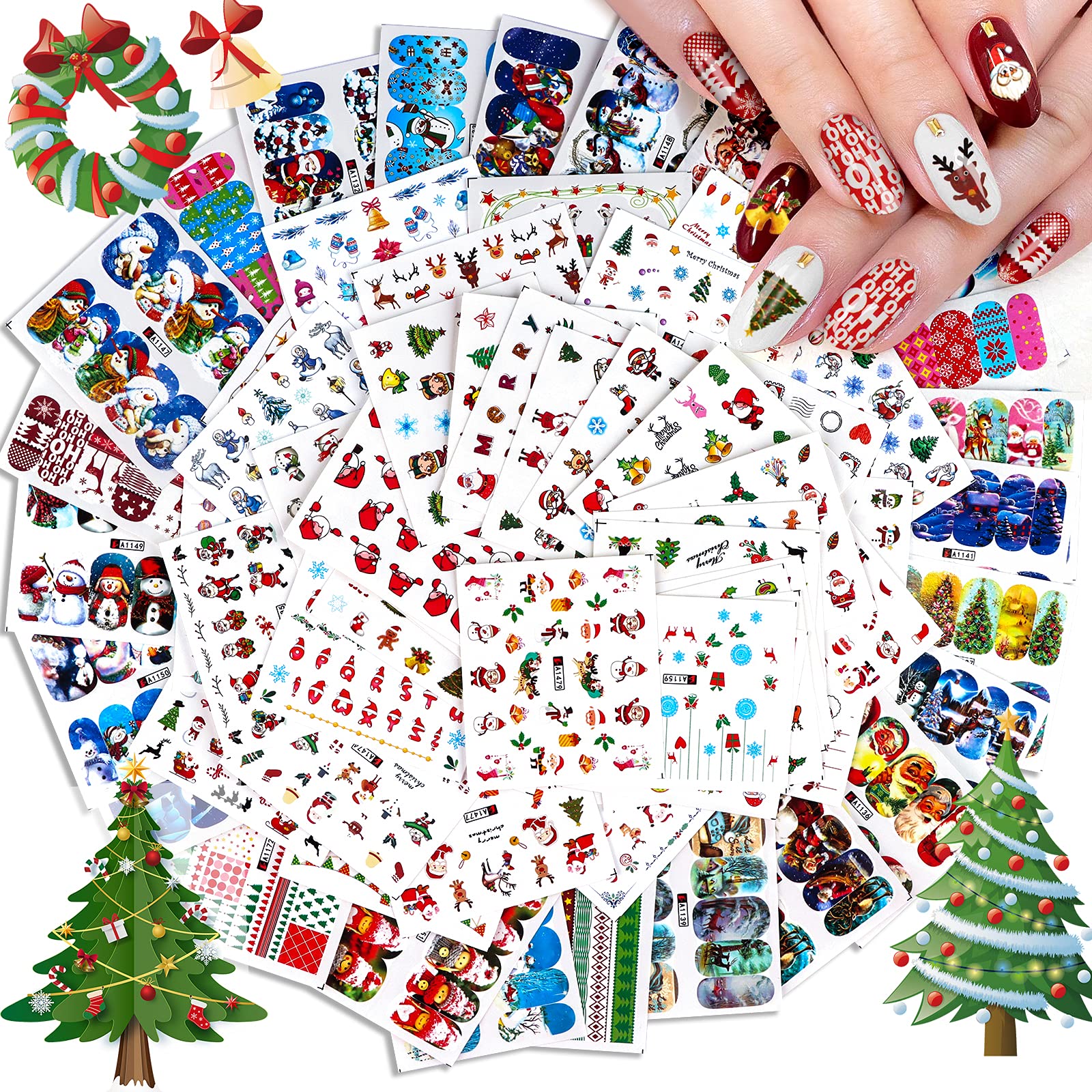 72 Sheets Christmas Nail Art Stickers, EBANKU 3D Water Transfer Nail Decals Stencil Manicure Nail Salon DIY Nail Art Tips Decorations for Women Kids