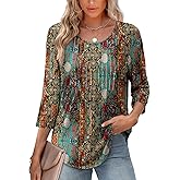 XIEERDUO 3/4 Length Sleeve Tops for Women 2026 Crewneck Casual Pleated Tunic Tops Shirts Blouses