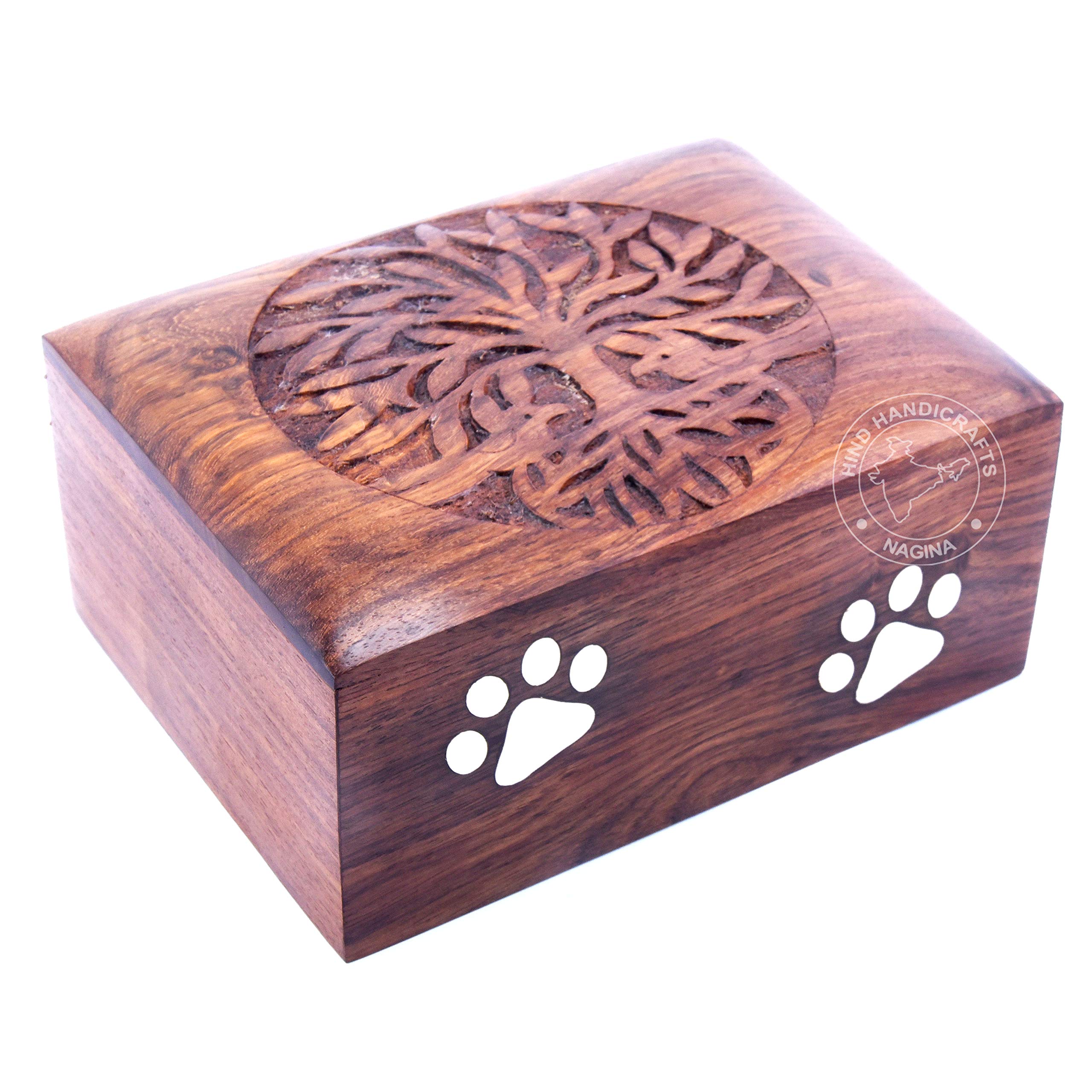 Hind Handicrafts Rosewood Pet Urn for Ashes | Brass Paw Inlaid Memorial Keepsake Box with Tree of Life Design | Secure Bottom Opening – (Medium : 7.5" x 5.5" x 3.5" - 100lbs or 45kg, Tree of Lfe)