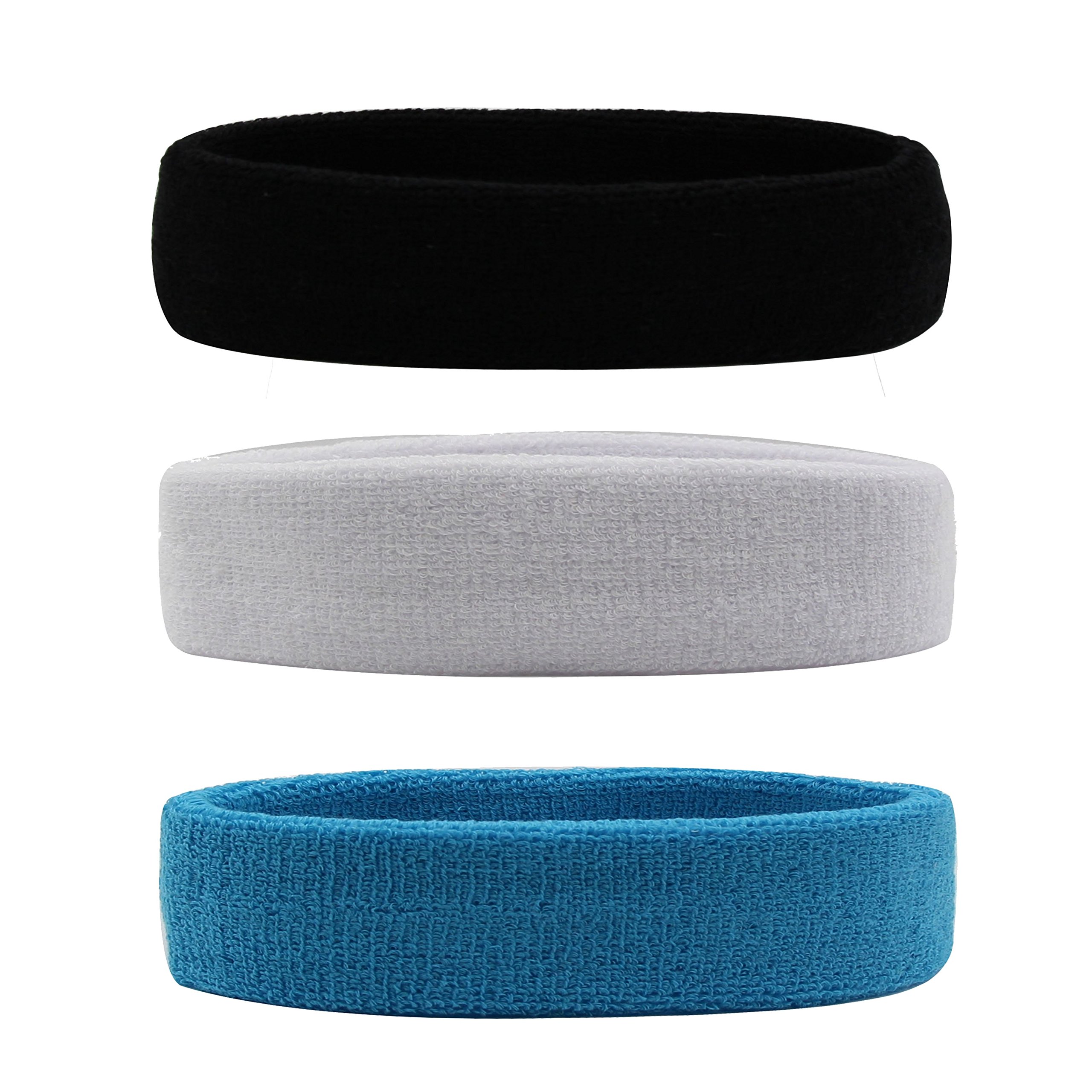 Hanerdun sports headband, women men sweatbands, cotton terry, for running, biking, jogging, tennis, football 3PCS(BLACK+WHITE+SKYBLUE)