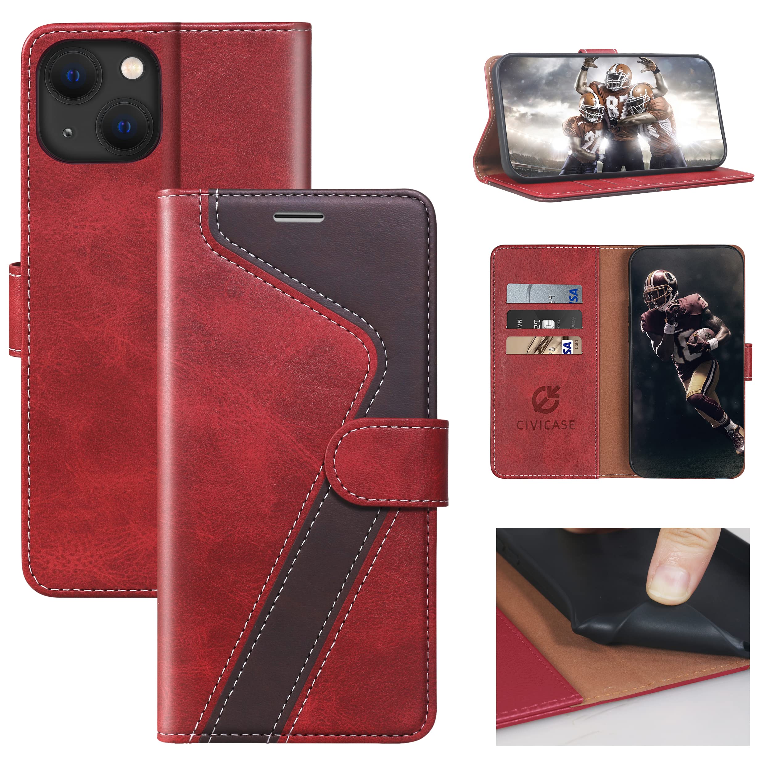 Photo 1 of CIVICASE for iPhone 13 Wallet Case,Leather Flip Case [RFID Blocking] Credit Card Holder Folio Magnetic Stand TPU Shockproof Cover Color Matching for iPhone 13 (6.1") Red Brown