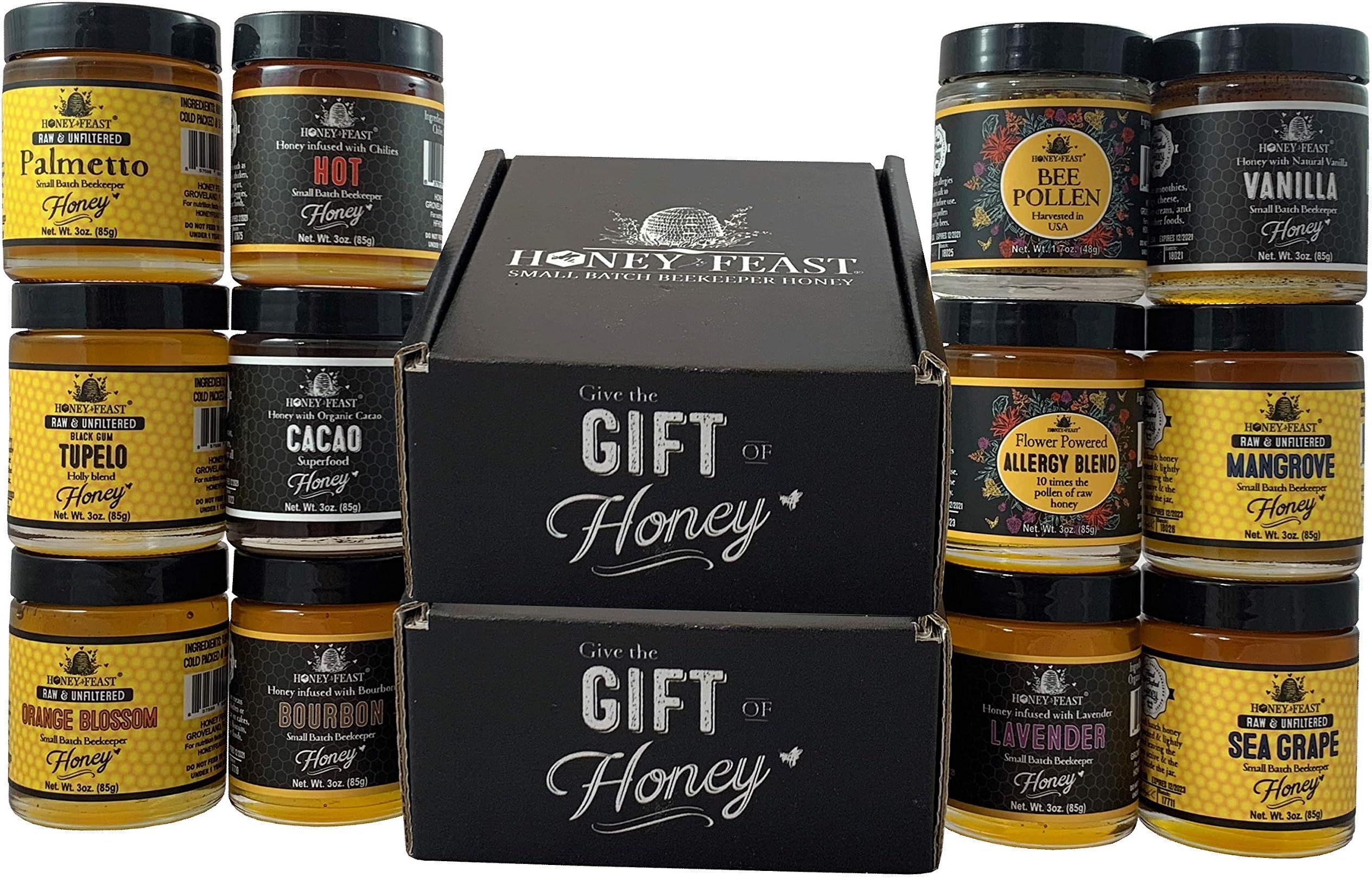 Honey Feast Gift Set | Raw American honey |Unfiltered & Pure | 10 of the 12 3oz items shown incuded