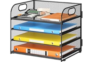Lavatino Paper Organizer for Desk, 4-Tier Desk Organizer Tray, Mesh Desktop File Organizers with Handle, Office Classroom Organization and Storage-Black