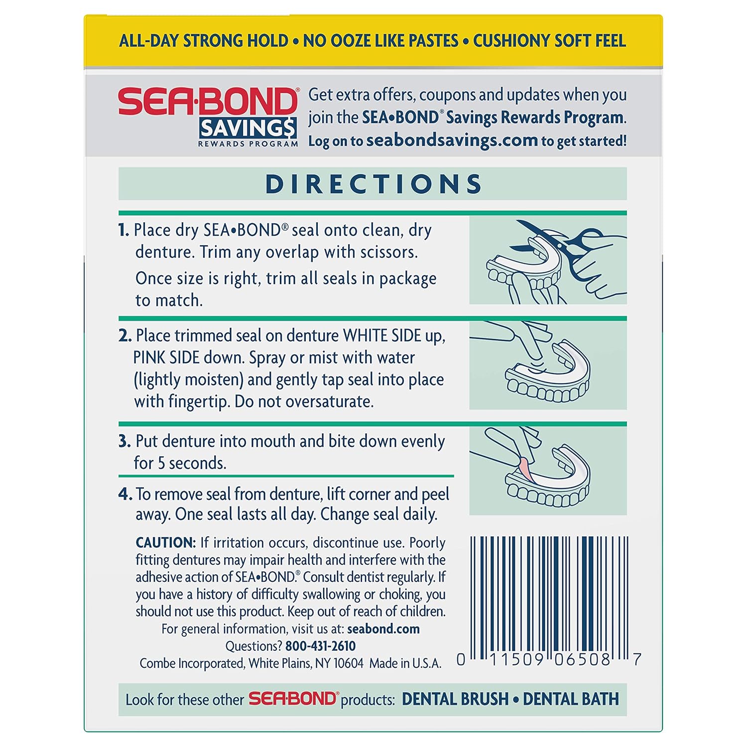 Sea Bond Secure Denture Adhesive Seals, Fresh Mint Lowers, Zinc Free, All Day Hold, Mess Free, 30 Count : Other : Beauty