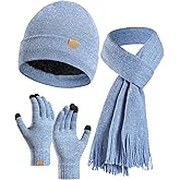 Women's Winter Knit Beanie Hat Touchscreen Gloves Long Neck Scarf Set Warm Soft Knit Beanie Cap for Cold Weather