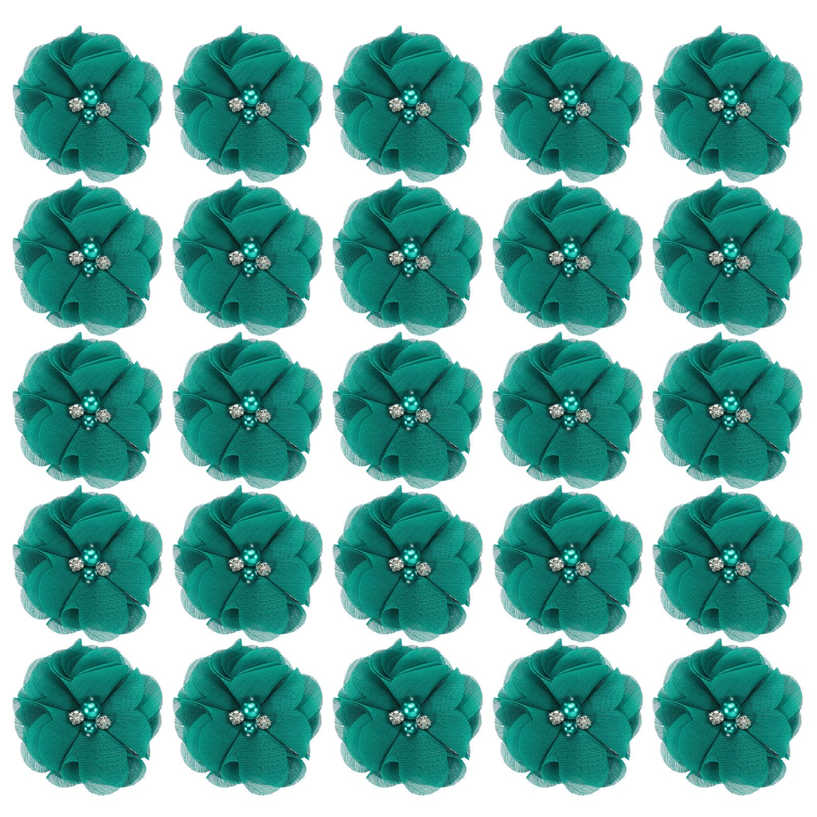 PATIKIL 2" Chiffon Flowers, 30Pcs Fabric Flowers Sewing Appliques Embellishments with Rhinestone Pearl for DIY Crafts Wedding Headbands Party Decoration, Dark Green