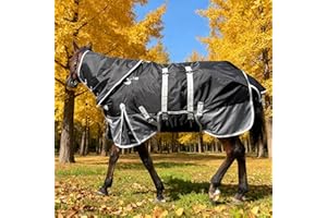 ZRSCHYG 1200 Denier Horse Turnout Blanket for Real Horses with Detachable Hood & Belly Wrap – Medium Weight - 220g Fill, Breathable, Water-Resistant (Black/Gray, 78 in)