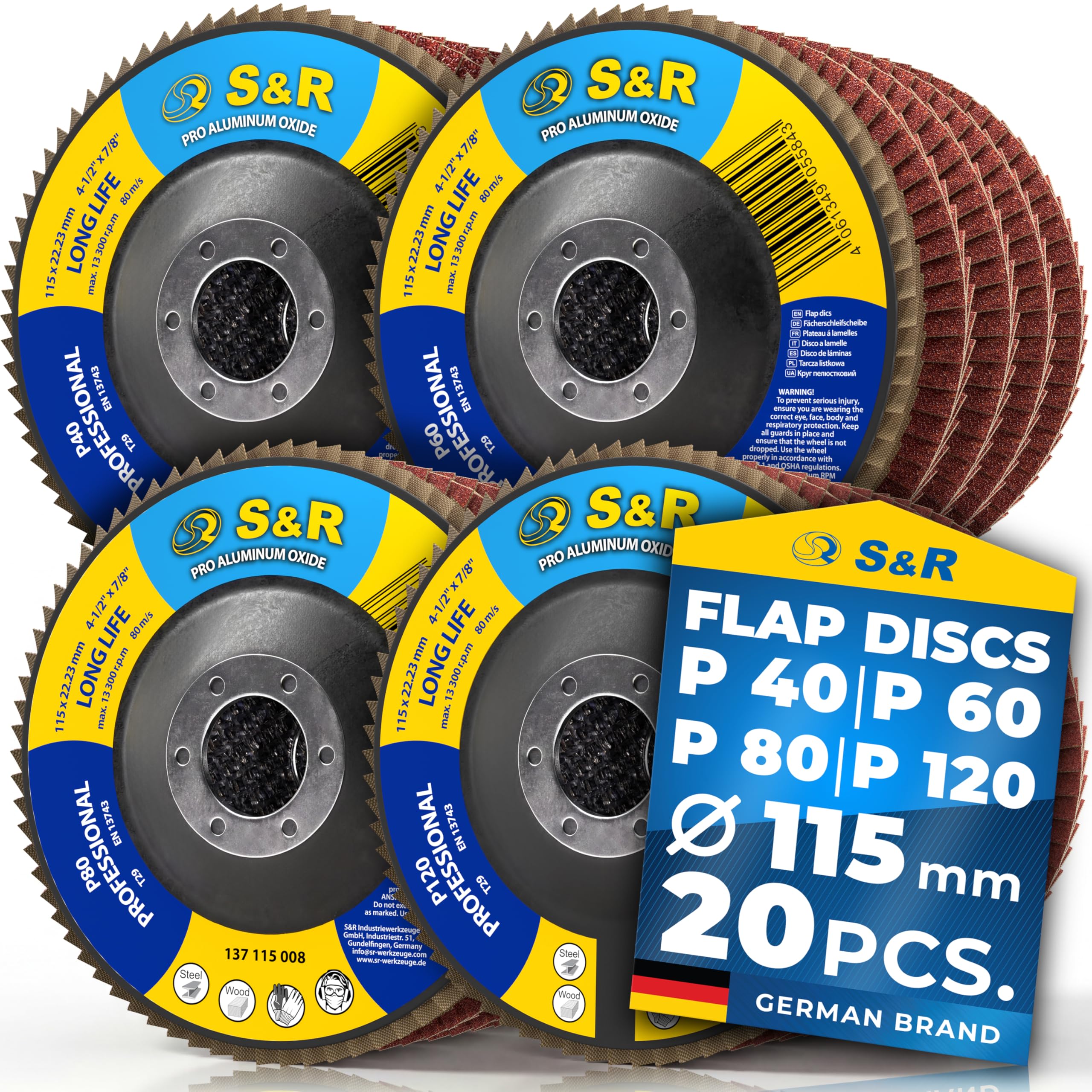 S&R flap discs set 20 pcs., 115 x 22,23 mm, PRO ALUMINIUM OXIDE, T29, flap discs, grinding discs for wood and metal, each 5x grit P40/60/80/120