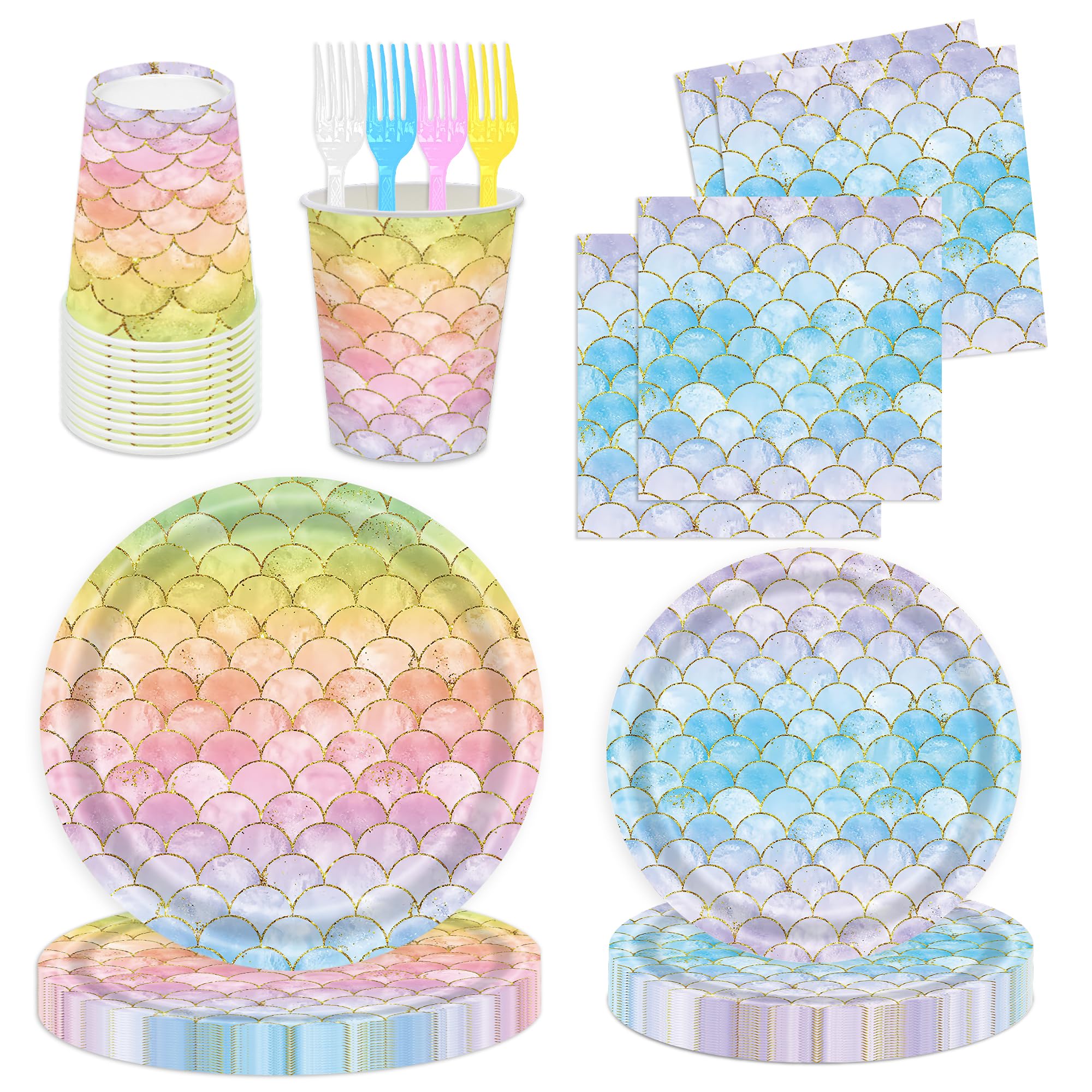 Photo 1 of 120PCS Mermaid Party Tableware Set Mermaid Birthday Party Supplies Mermaid Plates and Napkins Cups Forks Mermaid Party Decorations for Birthday Bridal Shower Baby Shower Decorations Serve 24