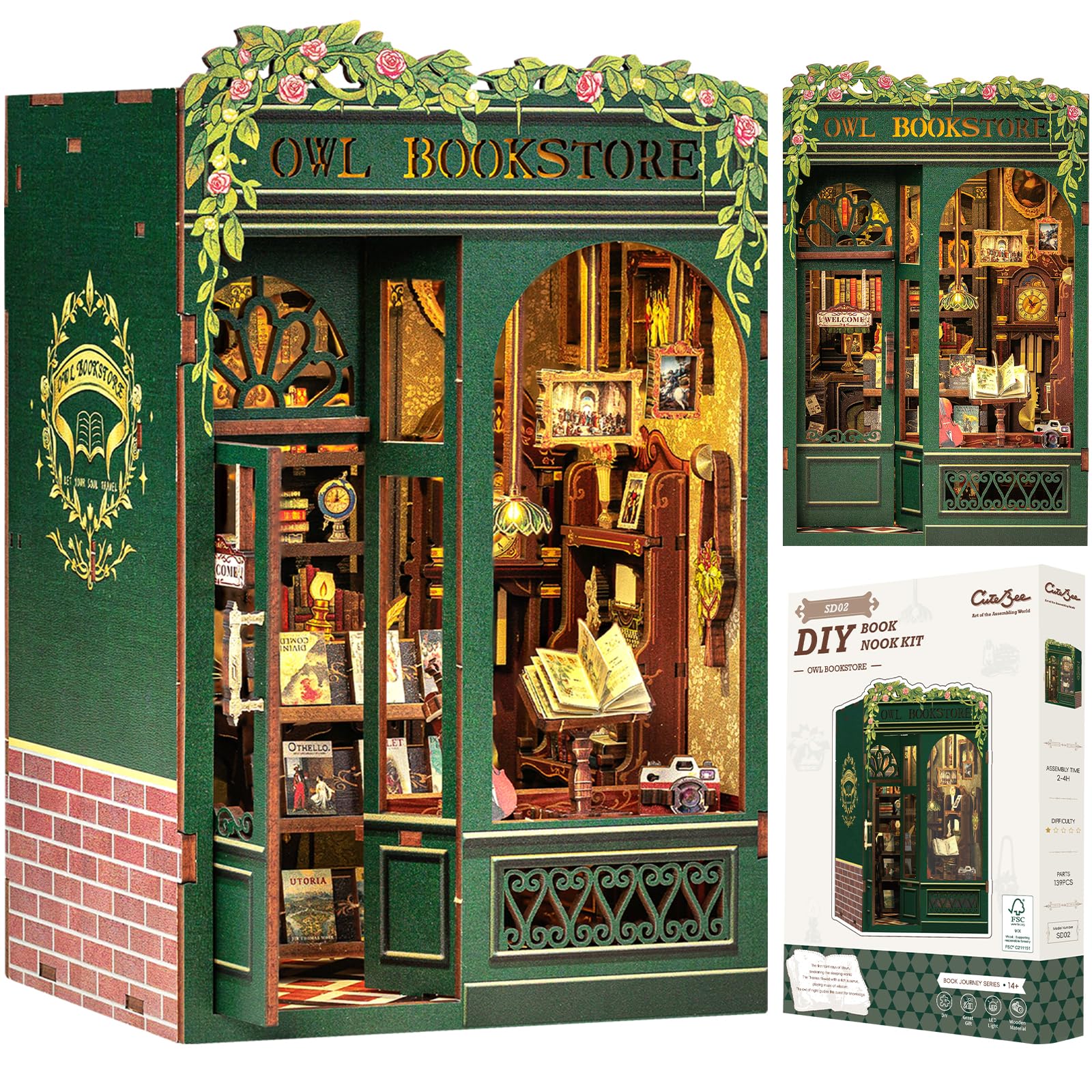 CUTEBEE Book Nook Kit Owl Bookstore – 3D Wooden Puzzle for Adults, DIY Miniature House with LED, Bookshelf Decor, Creative Gifts for Teens & Adults