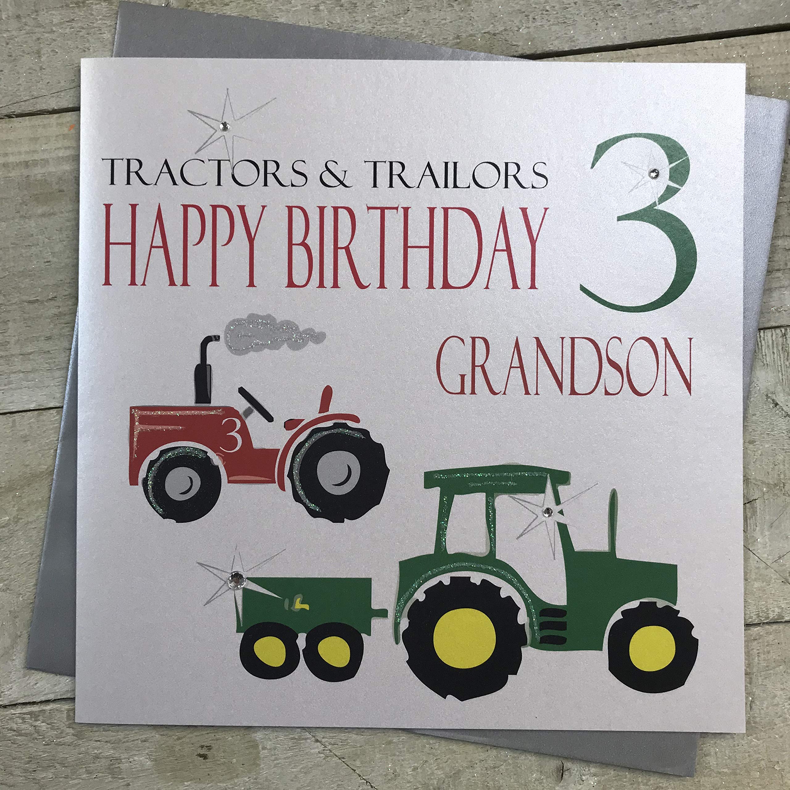 White Cotton Cards Large Tractors, Tractors and Trailors Happy Birthday 3 Grandson Handmade 3rd Birthday Card, XNA3-GS3