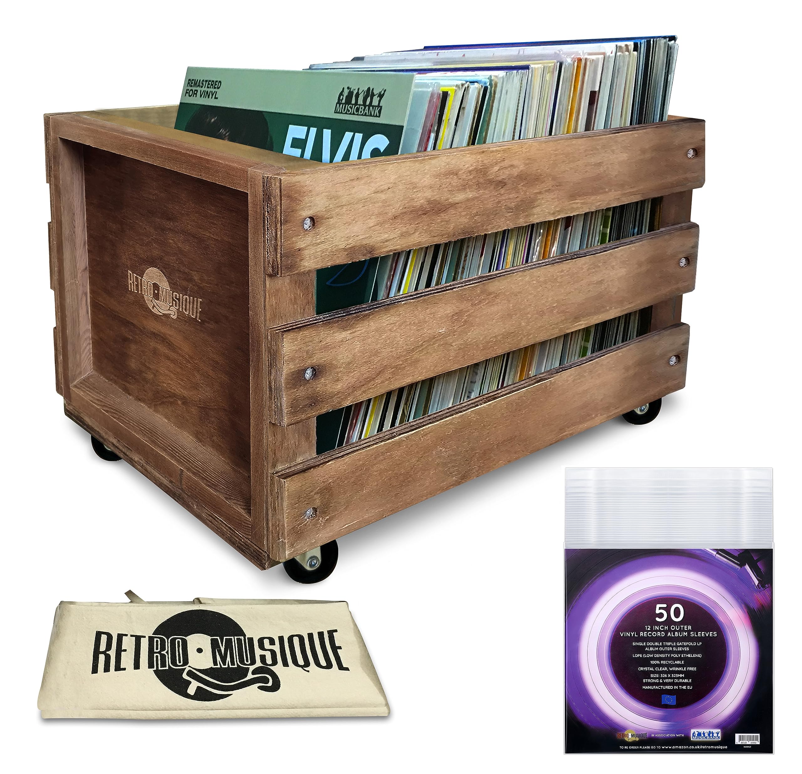 Wooden LP Record Vinyl Storage Crate on Wheels for up to 100 albums, by Retro Musique