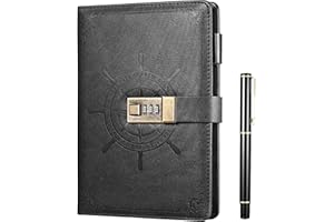 Kesote Black Journal with Lock, Refillable Faux Leather Lock Diary Notebooks Planner Organizer with Pen, A5 College Ruled 210 Lined Pages Locking Journal Notebook