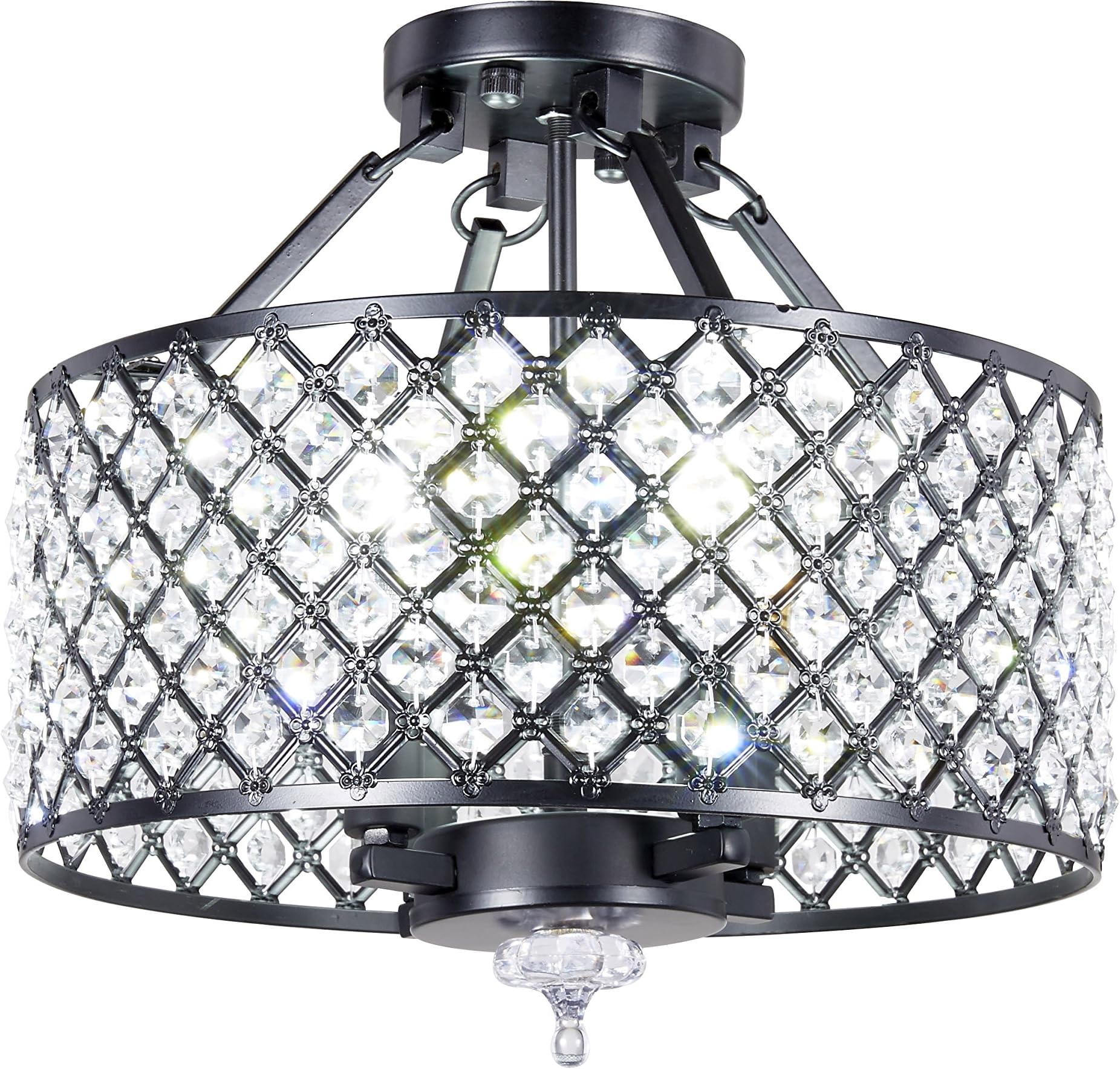 New Legend 4-Light Antique Black Round Metal Shade Crystal Chandelier Semi-Flush Mount Ceiling Fixture