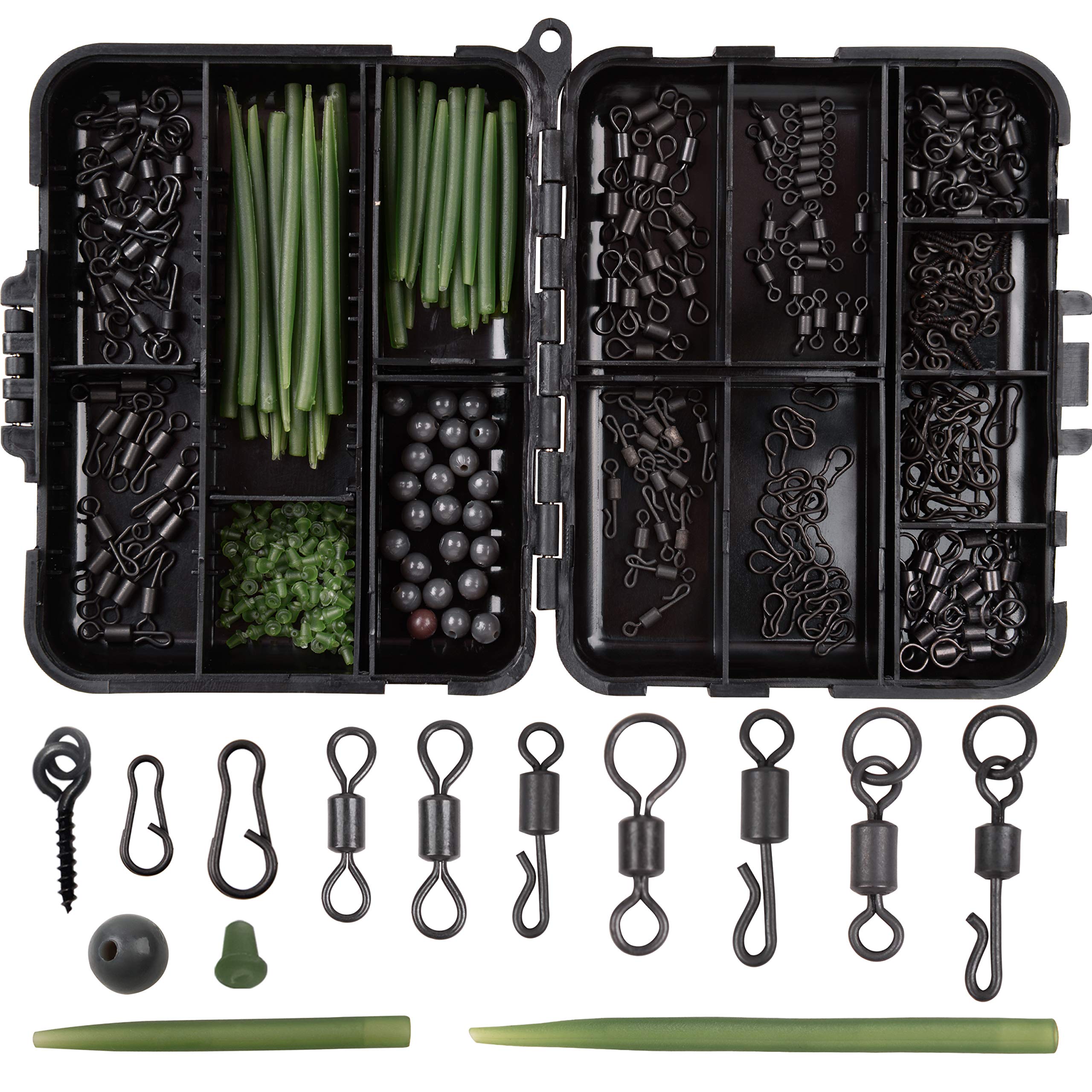300pcs Carp Fishing Swivel Snaps Kit Mixed Various Matte Black Quick Change Rolling Swivels Speed Links Anti-tangle Sleeves Hook Stops Beads Screws Rigs with Tackle Box